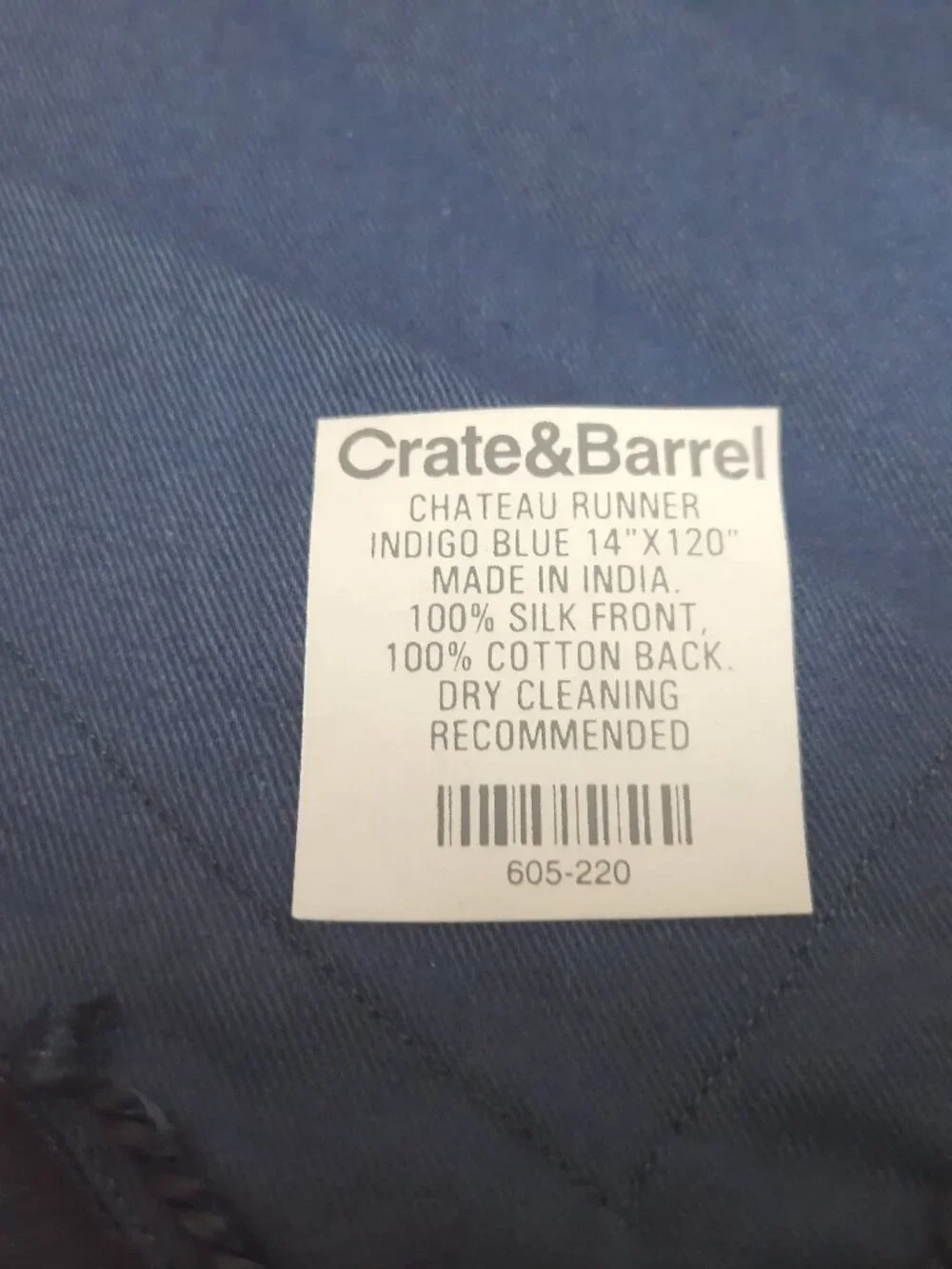 Crate & Barrel Chateau Silk Table Runner Indigo Blue 14x120 Tassels Luxury India